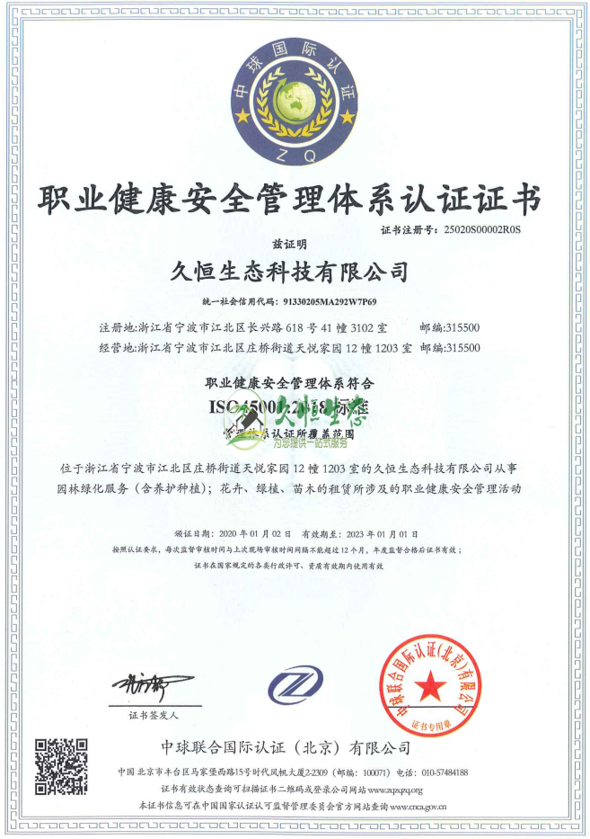 栖霞职业健康安全管理体系ISO45001证书